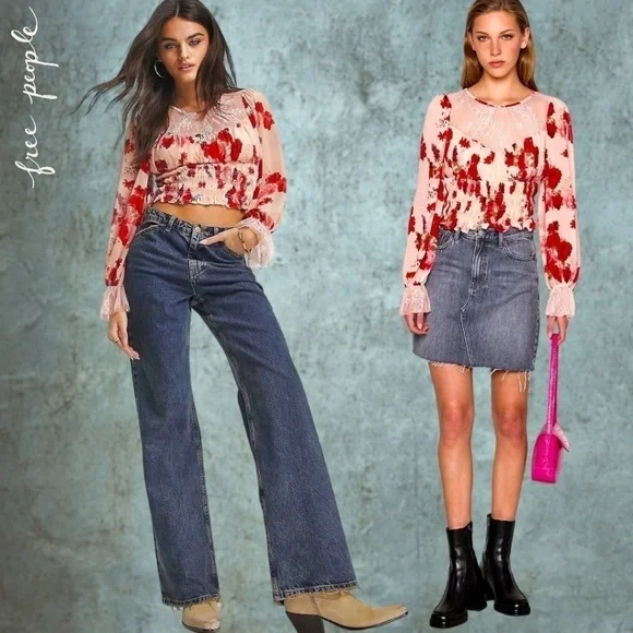 FREE PEOPLE Daphne Rose/Floral Long Sleeve Sheer Lace Ruched Blouse-Sm NWT - Picture 7 of 16